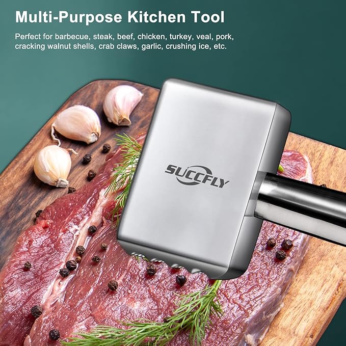 Meat Tenderizer Stainless Steel, Heavy Duty Meat Hammer, Kitchen Meat Mallet 1.65LB Meat Pounder Flatterner Weighted Hammer Extended Handle for Labor-saving Chicken Steak Meat Tenderizer Tool