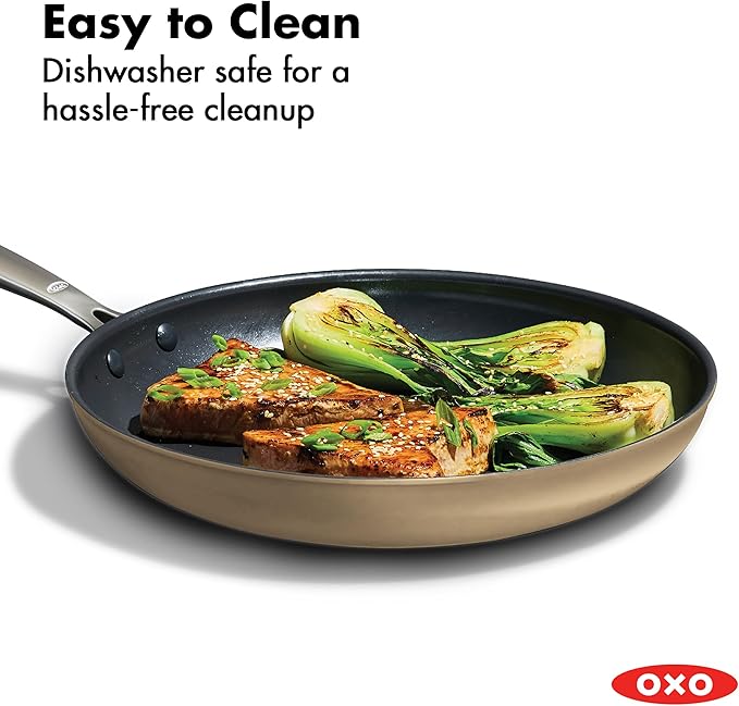 OXO Enhanced 12” Nonstick Frying Pan Skillet with Lid, Ceramic PFAS-Free Cookware, Stainless Steel Handle, Eggs & Omelets, Dishwasher & Oven Safe, Biscuit Brown