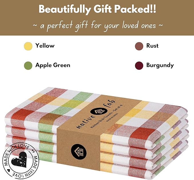 Native Fab Harvest Fall Gingham Check Kitchen Towels 4 Pack 18x26 Inches - 100% Cotton, Soft, Absorbent Dish Towels for Drying & Cleaning, Holiday Dishcloths - Burgundy, Green, Yellow
