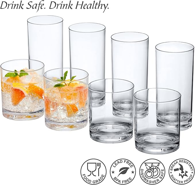 Amazing Abby - Probity - 12-Ounce and 16-Ounce Plastic Tumblers (Set of 8), Drinking Glasses, Reusable Cups, BPA-Free, Shatter-Proof, Dishwasher-Safe (Made of Plastic, NOT Glass)