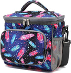 FlowFly Insulated Reusable Lunch Bag Adult Large Lunch Box for Women and Men with Adjustable Shoulder Strap,Front Zipper Pocket and Dual Large Mesh Side Pockets,Feather