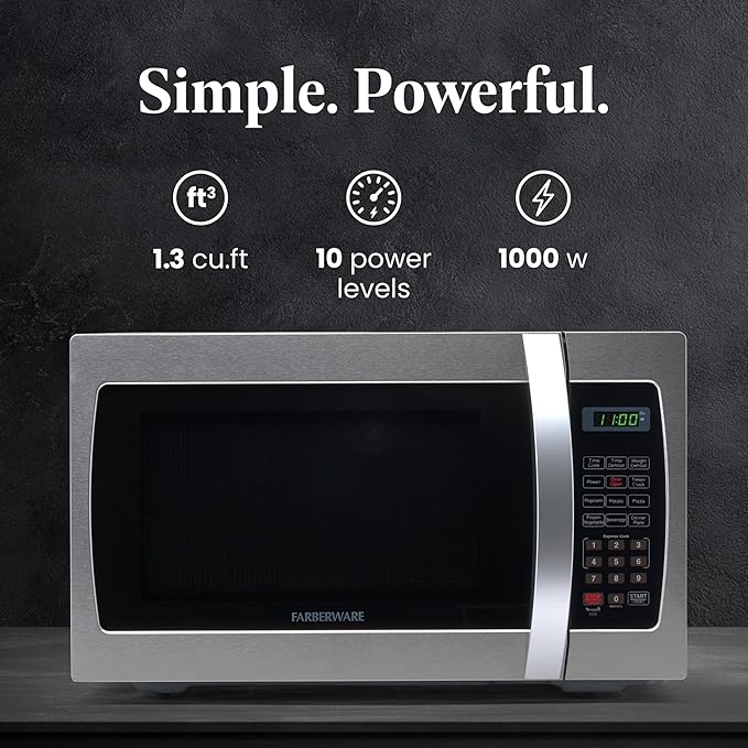 Farberware Countertop Microwave 1000 Watts, 1.3 Cu. Ft. - Microwave Oven With LED Lighting and Child Lock - Perfect for Apartments and Dorms - Easy Clean Stainless Steel