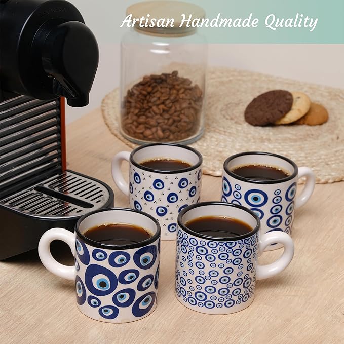 Ceramic Espresso Cups, 5 Oz Espresso Cups Set of 4, Handmade Espresso Cup, 2.75 Inch Espresso Mugs, Multicolor Demitasse Cups, Microwave & Dishwasher Safe Espresso Mugs, Coffe Mug Set (NAZAR CHARM)