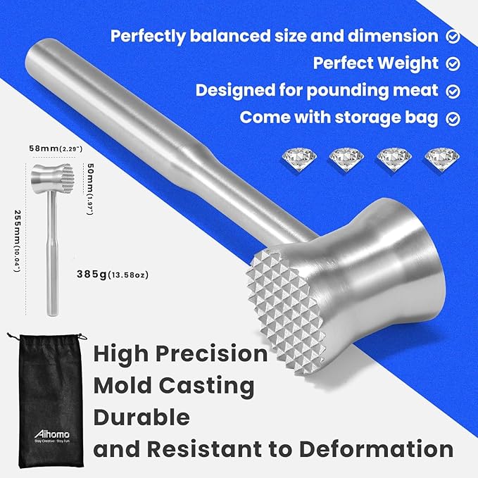 304 Stainless Steel Meat Tenderizer Mallet, Dual Side Meat Hammer Chicken Pounder, Heavy Duty Meat Beater for Steak and Beef, Meat Pounder Kitchen Cooking Mallet Dishwasher Safe