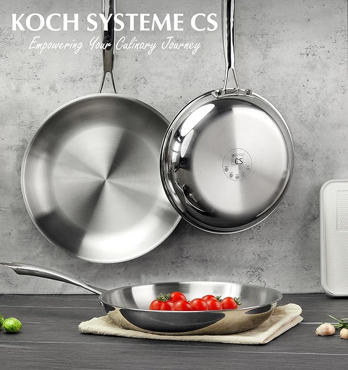 KOCH SYSTEME CS Stainless Steel Pan Set of 3, 8"&10"&12" Tri-Ply Stainless Steel Frying Pan Set with Stay-Cool Handle, Non-Toxic Staninless Steel Skillet, Fast & Even Heat Induction Compatible