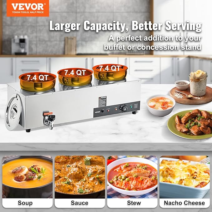 VEVOR Electric Soup Warmer, Three 7.4QT Stainless Steel Round Pot 86~185°F Adjustable Temp, 1200W Commercial Bain Marie with Anti-dry Burn and Reset Button, Soup Station for Restaurant, Buffet, Silver