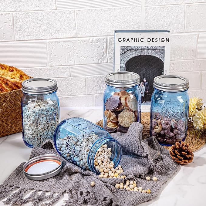 WELLIFE Blue Mason Jars 32 oz, 6 Pack wide mouth mason jars for Canning, Pickling, Food Storage, Fermenting, DIY Crafts & Decor, Glass Jar with Lid