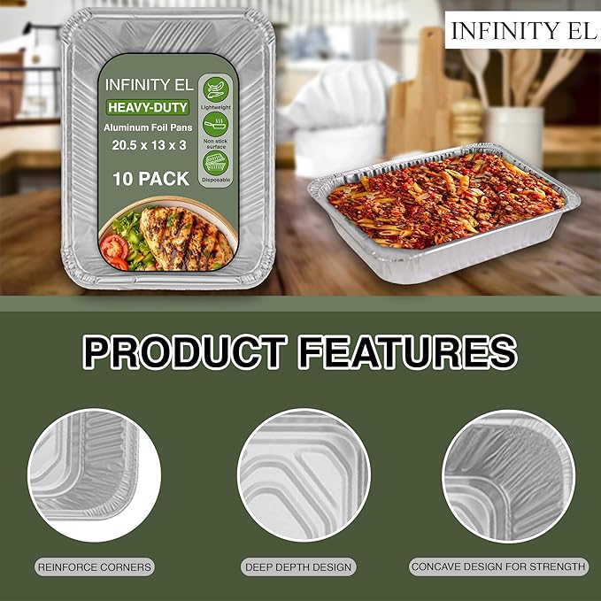 INFINITY EL Disposable Aluminum Foil Pans 10 Pack | Full Size 20.5" x 13" x 3" Deep Disposable Pan, Aluminum Baking Pans | Heavy Duty Foil Pan for Roasting Turkey, Lasagna, Thanksgiving, Christmas
