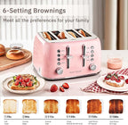 Roter Mond Toaster 4 Slice Retro Stainless Steel with Extra Wide Slots Bagel, Defrost, Reheat Function, Dual Independent Control Panel, Removable Crumb Tray, 6 Browning Levels, Pink