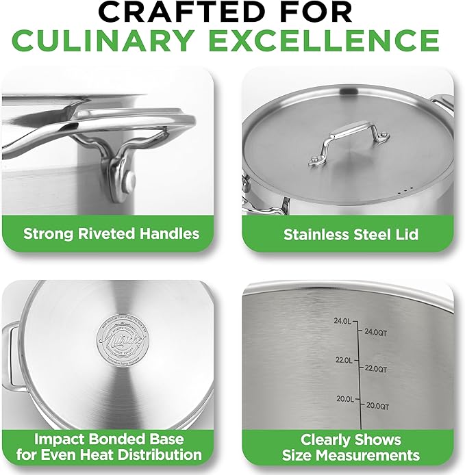 NutriChef Stainless Steel Cookware Stock Pot - 24 Quart, Heavy Duty Induction Soup Pot With Lid, Induction, Ceramic, Glass and Halogen Cooktops Compatible - NCSPT24Q