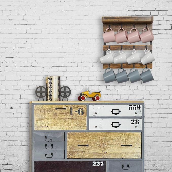 OROPY Coffee Mug Rack Wall Mounted, Rustic Wood Cups Rack with 12 Hooks and Storage Shelf, for Home Kitchen Display and Collection (Rustic Brown)