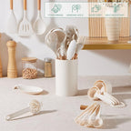 E-far White Cooking Utensils Set with Holder, 25-Piece Silicone Kitchen Utensil Set with Wooden Handle for Nonstick Cookware, 446°F Heat Resistant Kitchen Tool Spatula Tongs Whisk, Non-toxic & Healthy