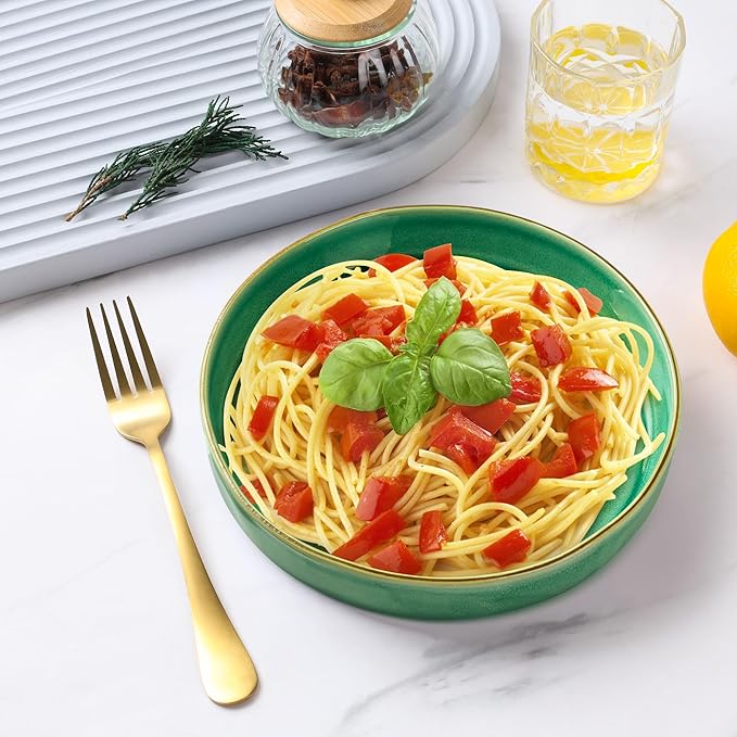 E-far Pasta Bowls Set of 4, 30oz Shallow Salad Bowls for Dinner Serving, 8.25" Stoneware Ceramic Bowl Plates for Noodle Soup, Microwave & Dishwasher Safe, Reactive Glaze, Green