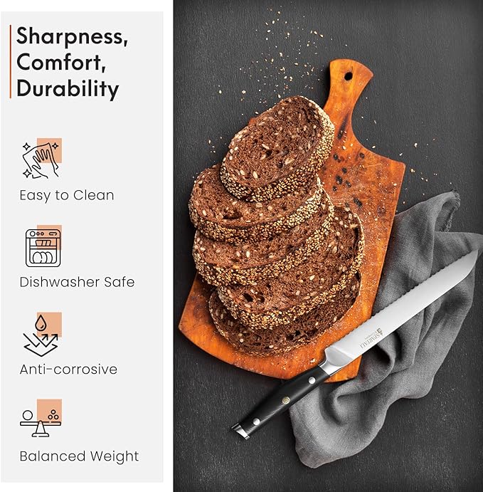 8-Inch Bread Knife – Serrated High Carbon German Stainless Steel Blade for Bread, Bagels & Pastries – Ergonomic Handle, Rust-Resistant, Ultra-Sharp Edge – Ideal for Home Bakers and Chefs.