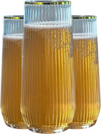 24 Pack Ribbed Ripple Stemless Toasting Glasses, Origami Durable 9 Oz BPA-Free Disposable Plastic Champagne Flutes for Weddings, Bars, Events, and Celebrations (Gold Rim)