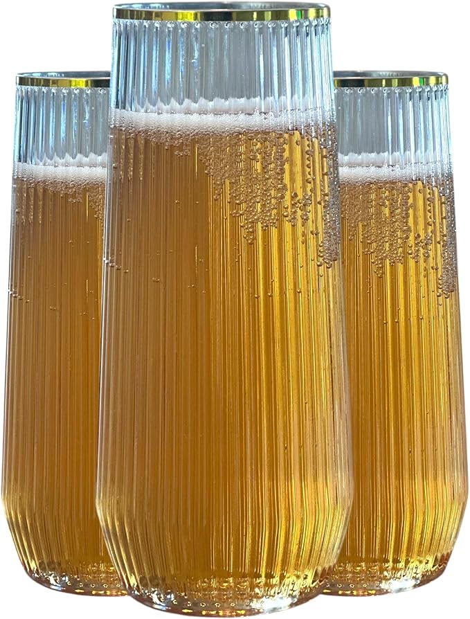 24 Pack Ribbed Ripple Stemless Toasting Glasses, Origami Durable 9 Oz BPA-Free Disposable Plastic Champagne Flutes for Weddings, Bars, Events, and Celebrations (Gold Rim)