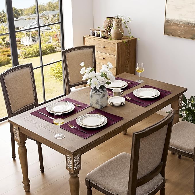 Romanstile Cloth Placemats Set of 6-12 x 18 Inch, Heat Resistant Double Layered Thickened Burlap Place Mats, Washable Linen Farmhouse Table Mats for Kitchen/Dining/Party/Outdoor, Purple