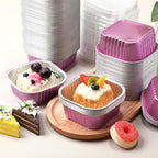 Aoriher 150 Pieces 10 oz Mini Cake Pans with Lids Aluminum Foil Baking Cups Square Disposable 4" x 4" Large Cupcake Cups Baking Tins for Kitchen Brownie Pudding Desserts Holders(Rose Red)