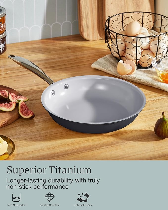 KITEXPERT Non Stick Frying Pans, Titanium Ceramic Skillet Set for Cooking, 8" 9.5" 11" Non Toxic Ceramic Pans with Stay Cool Handle, PFAS & PTFE & PFOA Free, Dishwasher and Oven Safe, Grey