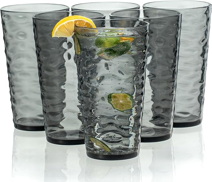 20-ounce Plastic Tumblers, Acrylic Drinking Glasses High-Balls, set of 6 Gray Reusable Plastic Cups, Stackable, BPA-Free, Shatter-Proof, Dishwasher-Safe