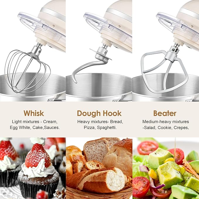 Aucma Stand Mixer, 6.5QT 660W 6-Speed Tilt-Head Food Mixer, Kitchen Electric Stand Mixer with Dough Hook, Wire Whip & Beater (Almond Cream, 6.5QT)