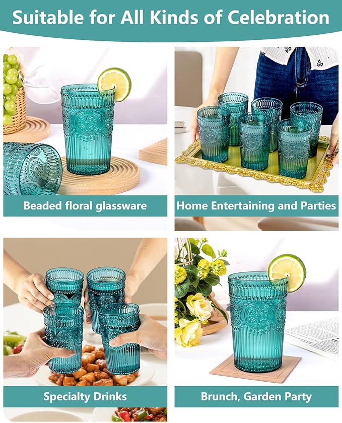 Ciaell 12 Pack Romantic Plastic Water Glasses - 14 Oz Green Vintage Drinking Glasses, Embossed Ribbed Plastic Cups, Textured Striped Set for Juice, Beverages, Beer, Cocktail, Christmas
