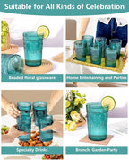Ciaell 12 Pack Romantic Plastic Water Glasses - 14 Oz Green Vintage Drinking Glasses, Embossed Ribbed Plastic Cups, Textured Striped Set for Juice, Beverages, Beer, Cocktail, Christmas