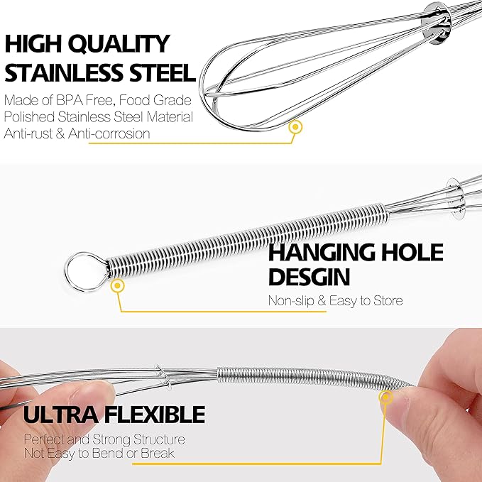 Anaeat Mini Wire Whisks, Set of 4 Portable Stainless Steel Kitchen Tiny Whisk & Egg Beater with Thick Wire - Sturdy Small Mixing Balloon for Cooking, Blending, Whiping, Beating and Stirring (5" + 7")