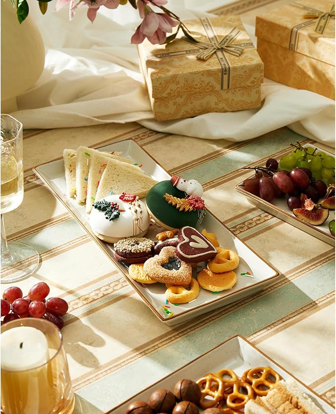 Sweese Rectangular Porcelain Platters, Vanilla White with Brown Trim, Serving Trays for Parties, 13.8 Inch Large Serving Dishes for Steak, Taco, Sushi, Appetizer - Dishwasher & Oven Safe - Set of 4