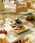 Sweese Rectangular Porcelain Platters, Vanilla White with Brown Trim, Serving Trays for Parties, 13.8 Inch Large Serving Dishes for Steak, Taco, Sushi, Appetizer - Dishwasher & Oven Safe - Set of 4