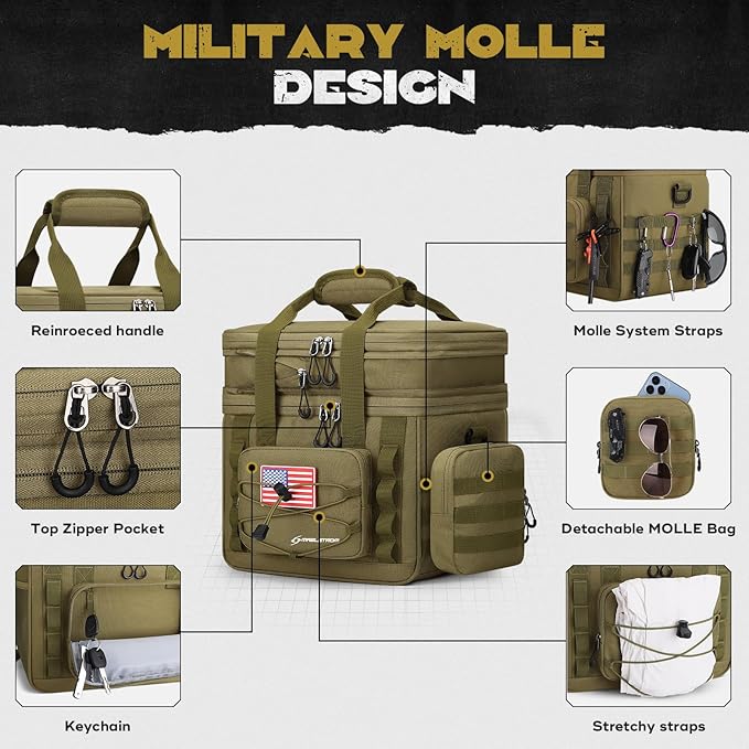 Maelstrom Tactical Lunch Box, 23 L Insulated Lunch Bag for Men, Expandable Double Deck Lunch Cooler Bag,Large Leakproof Soft Lunch Tote with Detachable MOLLE Bags, for Adult Women Work,Picnic,Khaki