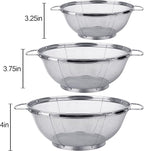 3 Pack 18/8 Stainless Steel Colander Sieves(5-Quart, 4-Quart and 3-Quart), Mesh Strainer Net Baskets with Handles & Resting Base for Strain, Drain, Rinse or Steam