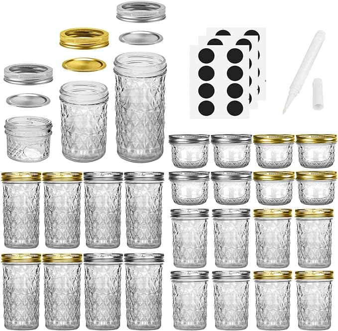 SPANLA Mason Jars, 24 Pack Canning Jars With Regular Lids, Ideal for Jam, Jelly, Honey, Wedding Favors, Shower Favors, DIY Glass Spice Jars - 4 OZ x 8, 8 OZ x 8, 12 OZ x 8 (4oz -8oz-12oz)