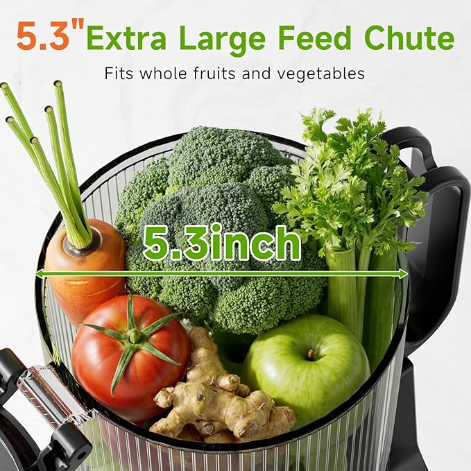 Cold Press Juicer, 5.3" Wide Feed Chute Juice Extractor Machine with 400W, High Juice Yield, Slow Masticating Juicer for Whole Vegetables & Fruits, Stainless Steel
