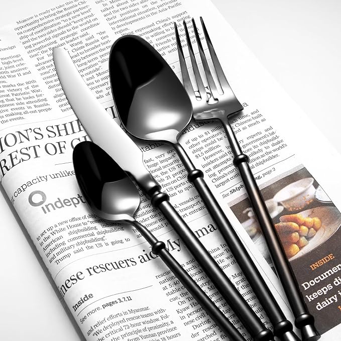 Black Silverware Set for 4 Unique 18/10 Stainless Steel 16 Piece Flatware Sets Mirror Polished Elegant Cutlery Utensils Set for Home Kitchen Dishwasher Safe Nice Weight