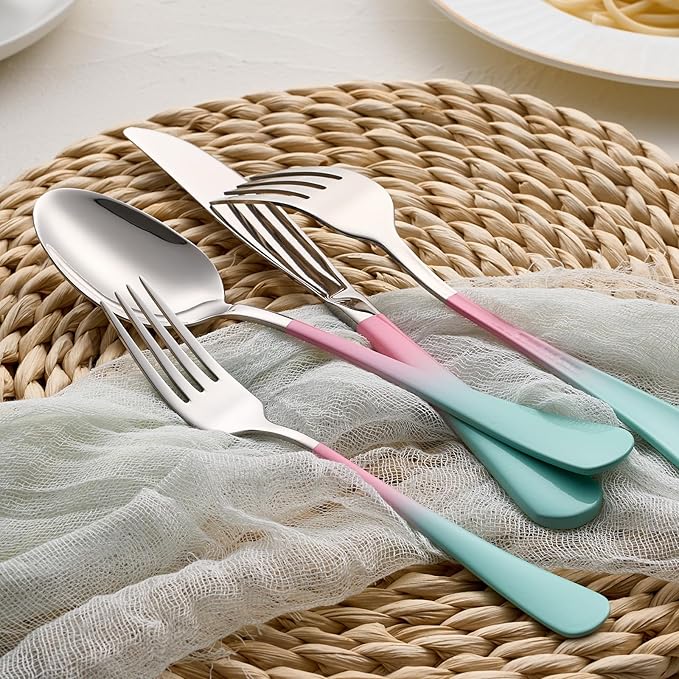 Colorful Silverware Set 20 Piece 18/0 Stainless Steel Flatware Pink and Green Handle Cutlery Set Service for 4 Fork Knife Spoon Set Mirror Finish Dishwasher Safe