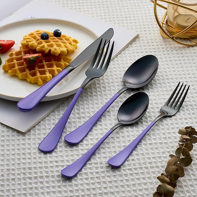 20 Piece Black and Purple 18/0 Flatware Utensil Set for 4, Include Dinner Knife,Dinner Forks,Dinner Spoons,Salad Forks,Teaspoons,Silverware Set for 4, Dishwasher Safe
