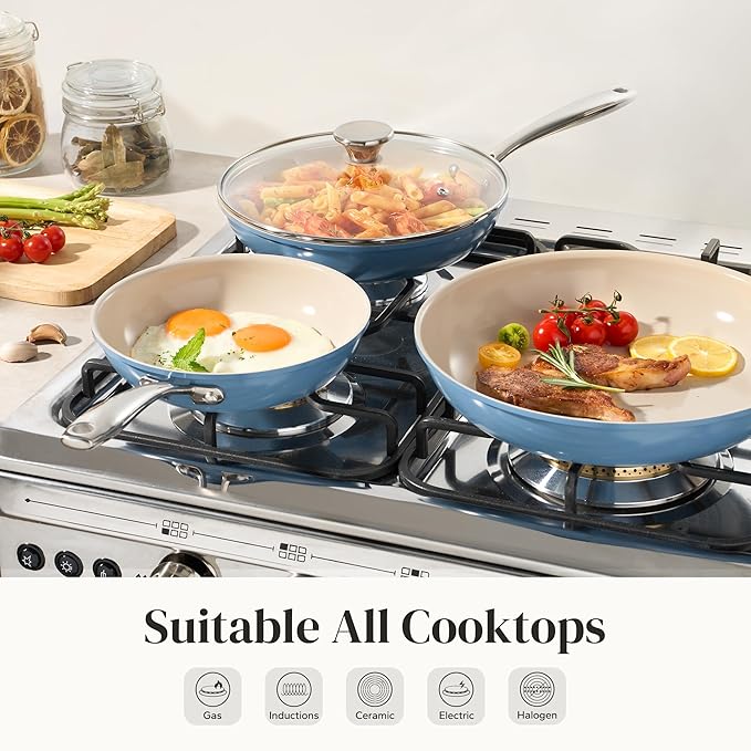 Redchef Nonstick Cookware Sets, Ceramic Frying Pan Set with Tempered Glass Lids, Non Stick Cooking Set, Dishwasher & Oven Safe, Induction Safe, Compatible with All Cooktops, Blue (8", 9.5", 11")