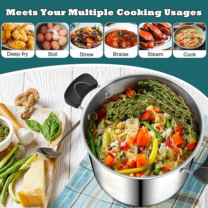 P&P CHEF Stainless Steel 3-Ply Sock Pot with Lid, Stockpot for Cooking Pasta & Stewing Soup, Fits Multi Stoves, Heat-proof Handle & Clear Lid, Heavy Duty & Dishwasher Safe, 10 Quarts