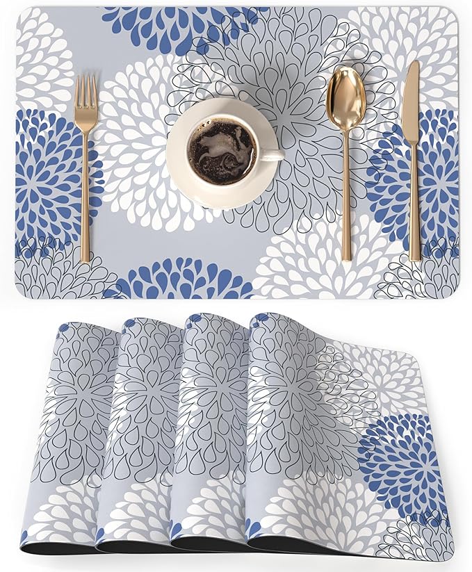 QIYI Placemats Set of 4, 12x18 Inch PU Leather Place Mats for Kitchen Dinning, Heat Resistant Anti Slip Flower Table Mats, Waterproof Wipeable Washable Placemat Party Table Décor, Blue Floral Burst