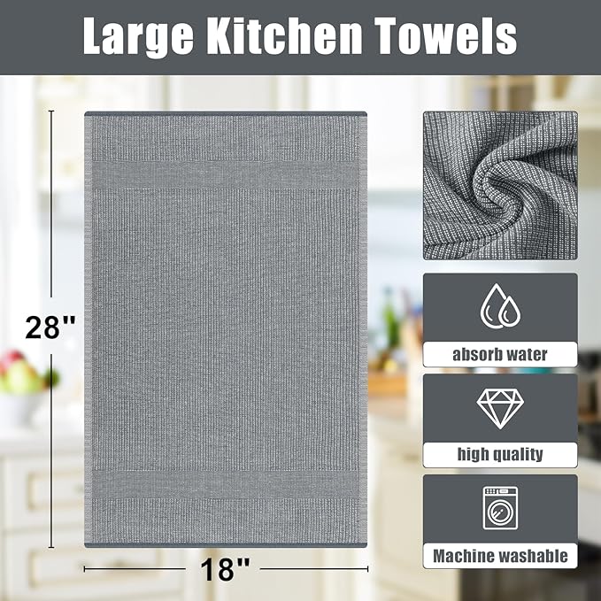 Homaxy Premium Kitchen Towels(18”x 28”, 6 Pack), Large Cotton Kitchen Hand Towels, Flat and Terry Dish Towels, 380 GSM Highly Absorbent Tea Towel Set with Hanging Loop, Navy Blue/Grey/Black