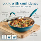 Rachael Ray Cucina Ceramic Nonstick Stir Fry Pan and Lid, 11 Inch Non Stick Wok Pan, Dishwasher Safe - Marine Blue