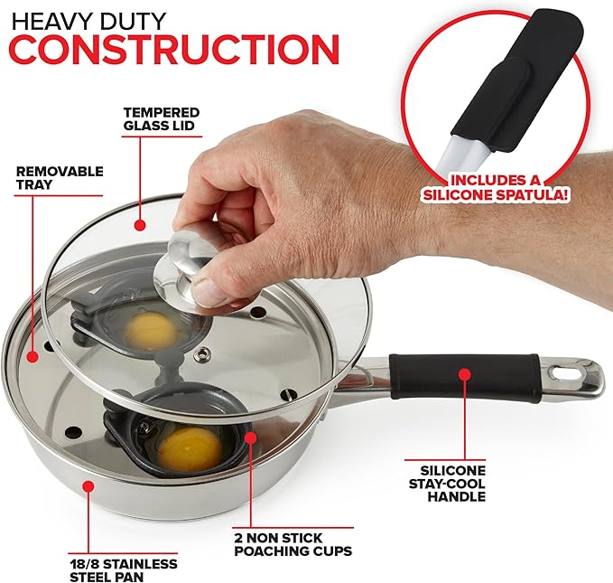 Nonstick Egg Poacher Pan, 2 Poached Egg Cups, Easy Poached Egg Cooker Stainless Steel, Perfect Eggs Benedict Maker, Egg Poaching Pan, PFOA-Free Silicone Spatula - Modern Innovations