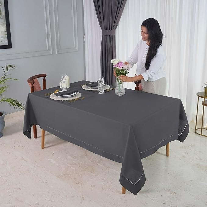 D'Moksha Homes Charcoal Grey Linen Tablecloth 60 x 120 Inch - 100% Pure Linen Hemstitch Tablecloth for Rectangle Tables - Classic Hemstitch, Machine Washable Table Cloth for Summer, Fall and Halloween