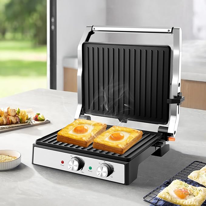 1600W Panini Press, Sandwich Maker with Temp & Time Setting, 4 Slice Large Non-stick Versatile Grill Press, Opens 180 Degrees to Fit Any Type or Size of Food