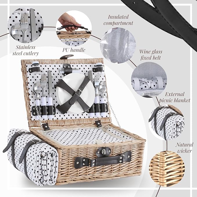 Picnic Basket Set for 4 with Waterproof Blanket Mat Insulation Bag Wicker Classic White Black Polka Dots Elegant Gift for Wedding Birthday Summer Camp Outdoor Camping Beach Travel Christmas
