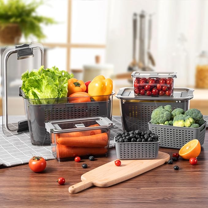 LUXEAR 4 Pack Fruit Containers for Fridge, Vegetable Storage Container with Lids &Removable Colander Produce Saver Organizer for Refrigerator Keep Fruit, Veggie, Berry, Meat Fresh Longer-Grey