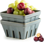 Gomakren Fruit Bowl with Holes, Ceramic Berry Basket Set of 2, 5.7 Inch Square Fruit Basket for Kitchen, Berry Containers for Table, Modern Kitchen Decor, Slate Blue