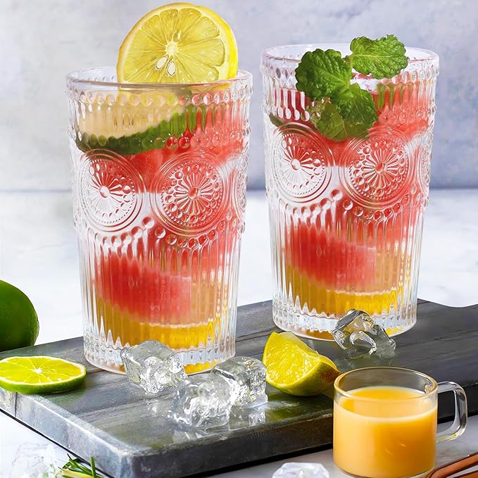 6pcs Vintage Drinking Glasses Set, 12 oz Clear Highball Glasses, Embossed Ribbed Glassware Cups for Cocktail, Water, Juice, Coffee, Whiskey