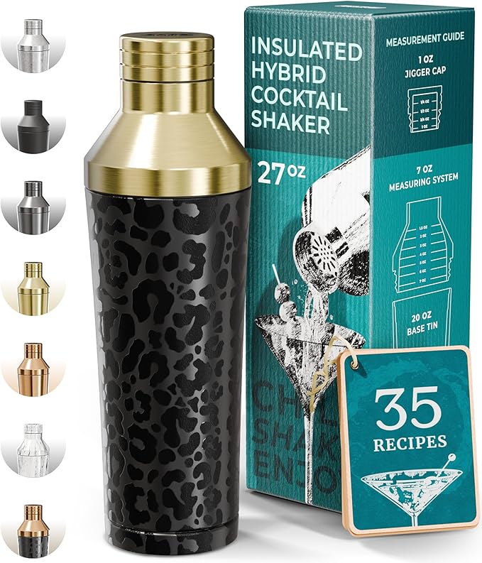 Insulated Cocktail Shaker Set | Double Wall Stainless Steel | Martini Shaker for Home Bar Bartending | Built-in Drink Measurement System & Strainer, Travel Bag, 35 Recipes | Gift Set (Leopard Gold)